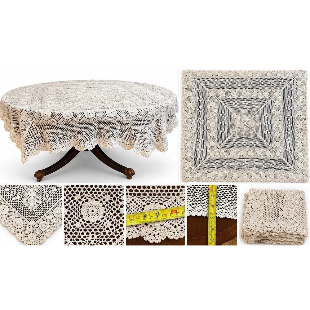 Handmade Crochet Lace Tablecloth Ivory Floral Square 36 in Scalloped Edge